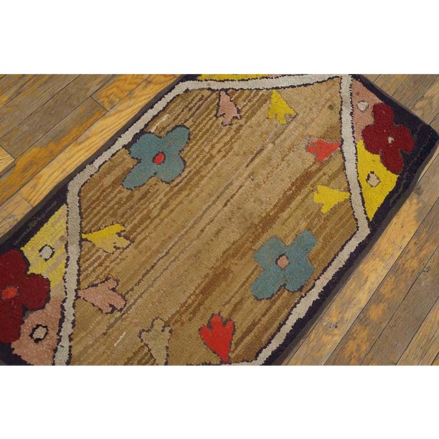 American 1920s Tan Camel Floral Folk Art Antique American Hooked Rug 1'10" X 3'3" Handknotted Wool Carpet For Sale - Image 3 of 5