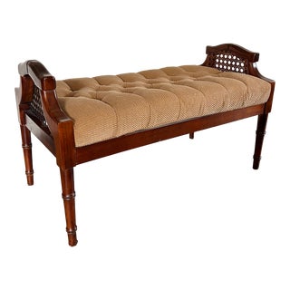 Vintage Hollywood Regency Chinoiserie Cane and Walnut Tufted Camel Bench For Sale