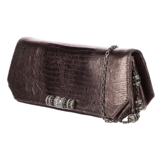 Metal 2014 Judith Leiber Lizard Skin Clutch Shoulder Evening Handbag Bag Baguette Crystals For Sale - Image 7 of 10