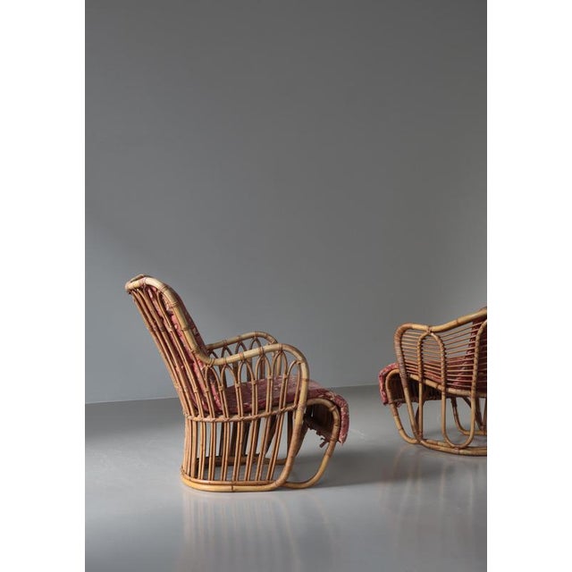 Brown Set of Scandinavian Modern Rattan Lounge Chairs attributed to Tove Lindt-Larsen at Wengler, 1940s For Sale - Image 8 of 18