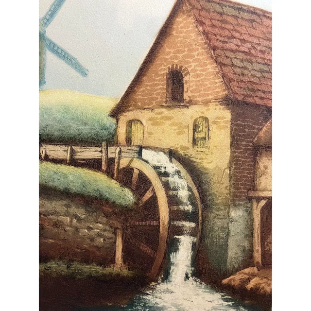Beige Old Dutch Watermill Etching W/ Aquatint by Van Delft c.1930 For Sale - Image 8 of 12