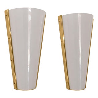 Italian Sconces Brass Acrylic Glass Wall Lights in the style Stilux, 1970s, Set of 2 For Sale