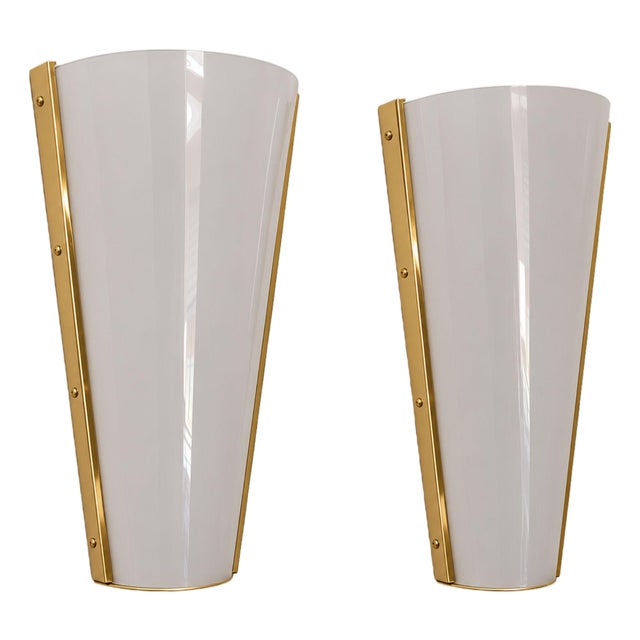 Italian Sconces Brass Acrylic Glass Wall Lights in the style Stilux, 1970s, Set of 2 For Sale