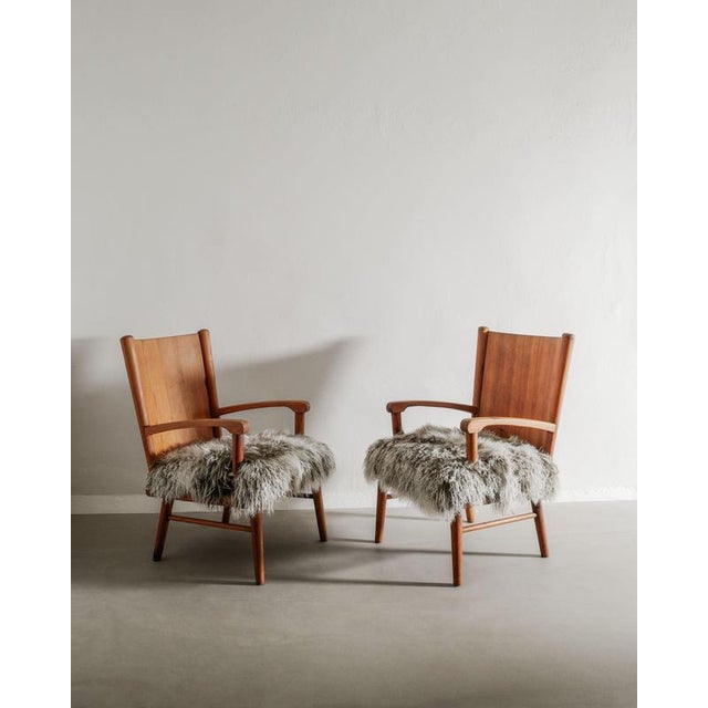 Swedish Modern Wooden Armchairs in Pine & Sheepskin, 1940s, Set of 2 For Sale - Image 9 of 9