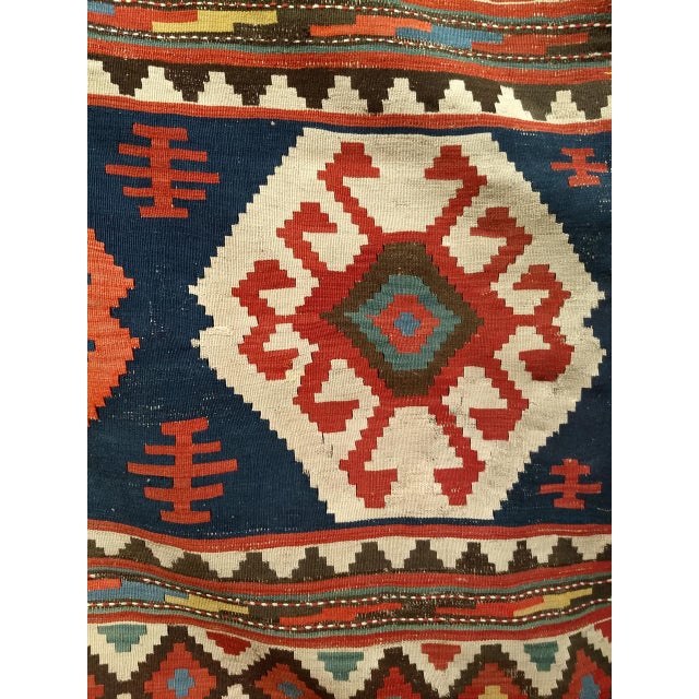 19th Century 19th Century Caucasian Kazak Kilim, Geometric Pattern, Wool Flatweave, Blue & Green, 7' X 12' For Sale - Image 5 of 18