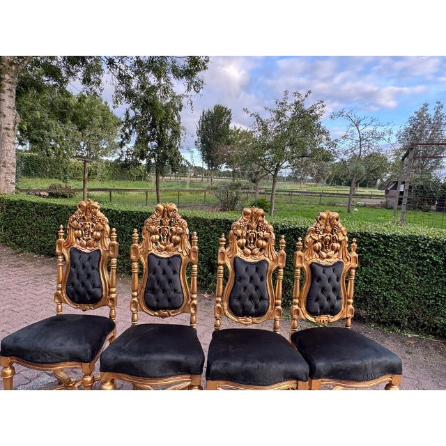 1900 Italian Rococo Gilded Beech Black Velvet Chairs – Set of 8pcs For Sale - Image 10 of 18