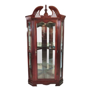 Late 20th Century Vintage Mahogany Wood Mirrored Lighted Curio Display China Corner Cabinet For Sale