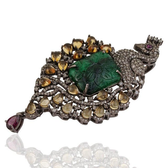 Gemstone Handcrafted Peacock Motif Brooch Pendant With Multi Gems and Diamonds For Sale - Image 7 of 14