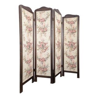Four-Panel Oak Screen Upholstered with Floral Tapestry, 1930s For Sale
