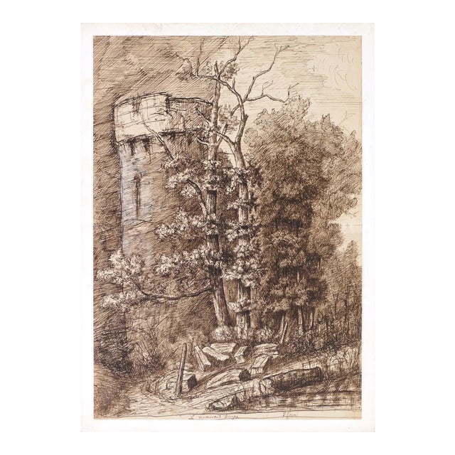 Bad Weather - Original China Ink Drawing by P. Roux - Late 19th Century Late 19th Century For Sale