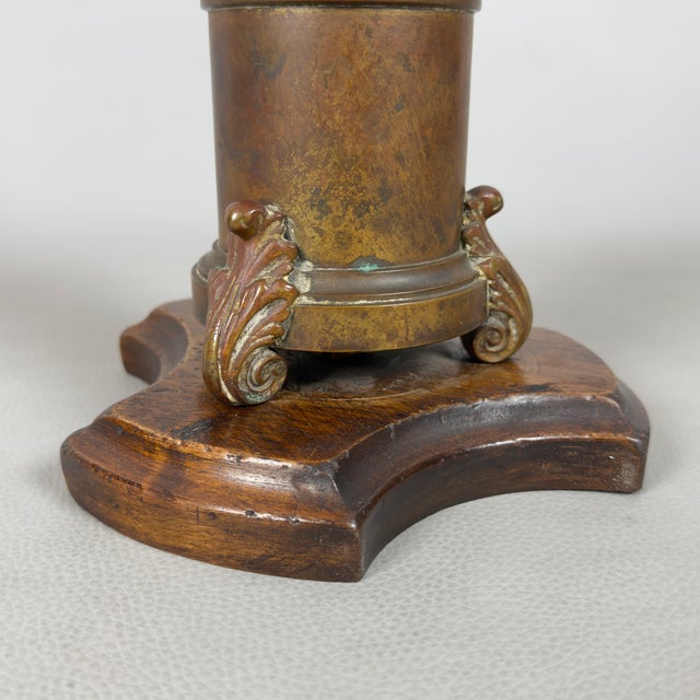 Antique Brass Candlestick with Wooden Base, 20th Century For Sale - Image 9 of 12