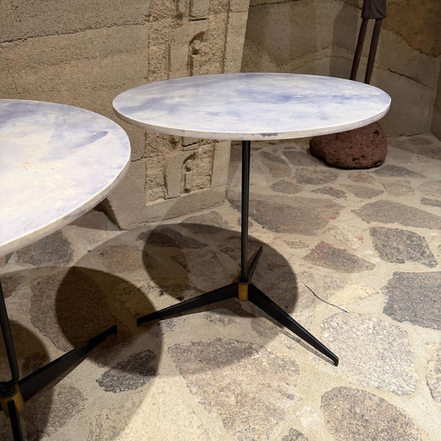 Mid Century Modern Tripod Side Tables Goatskin French Inspired Blue For Sale - Image 12 of 13