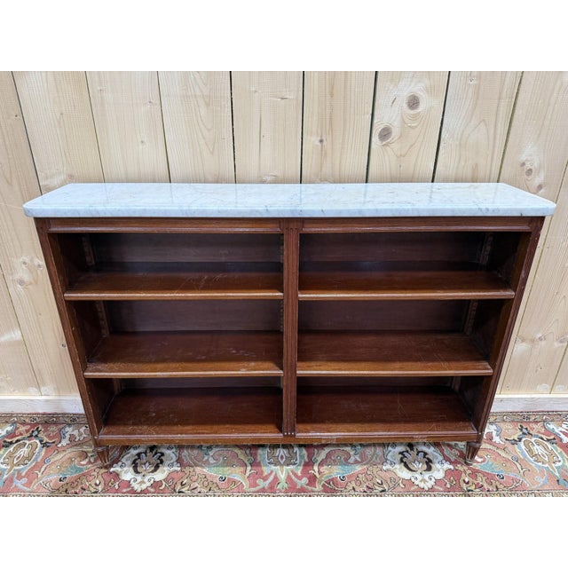 Large Louis XVI style bookcase in mahogany and marble. Signs of wear and tear consistent with age (all restorations...