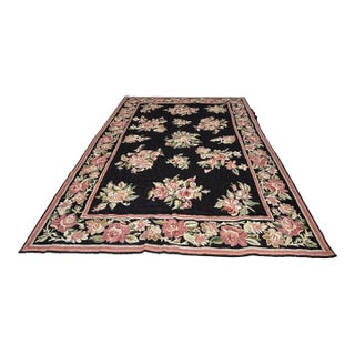 Hand Knotted Area Rug With Soft Pink & Green Flowers Against Black For Sale