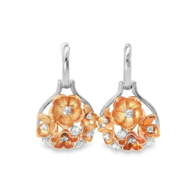 Mid-Century Modern Mid 20th Century 14k White Gold Diamond Sapphire Rose Flower Drop Earrings Estate, Pair For Sale - Image 3 of 4