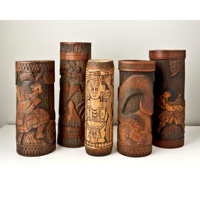 Antique Bamboo Vase, Japanese Brush Holder, Carved Wood Vase, Samurai