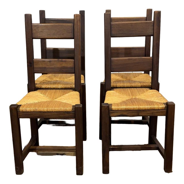 Vintage Mahogany Chairs with Straw Seats, 1970s, Set of 4 For Sale