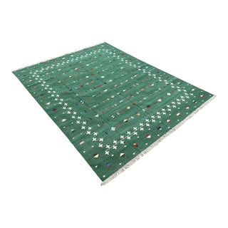 Handmade Cotton Area Rug, Vegetable Dyed, Forest Green Shooting Star Dhurrie -8'x10' For Sale