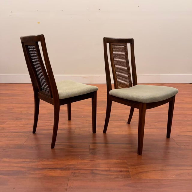 Beautiful set of six vintage dining chairs with afromosia (African teak) frames and cane backs, made in the U.K. by G-Plan...