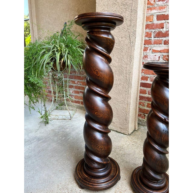 Pair Set of 2 Antique French Pedestal Stand Barley Twist Oak Large Plant Columns For Sale - Image 4 of 18