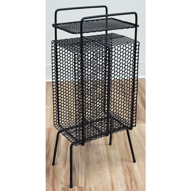 Metal Vintage MCM Perforated Mesh Metal Atomic Magazine Holder Side Table Telephone Stand For Sale - Image 7 of 10