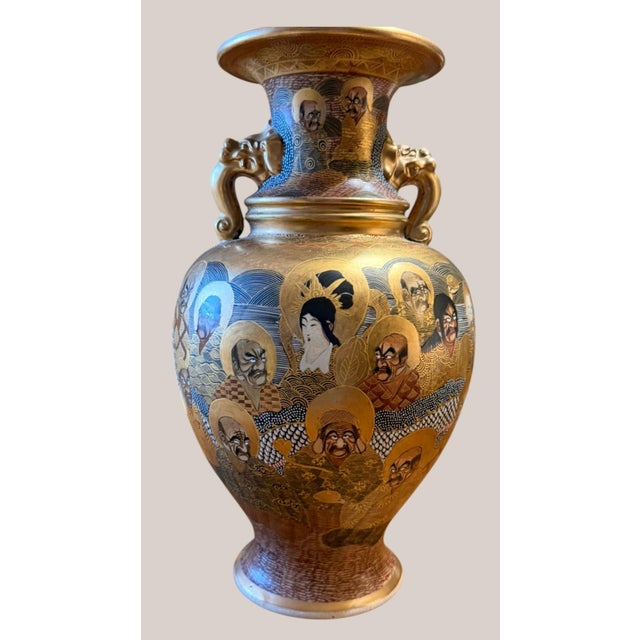 Antique Meiji Japanese Satsuma Ryuzan Rakan Vase Gilt Dragon Handles 16" For Sale In Dallas - Image 6 of 16