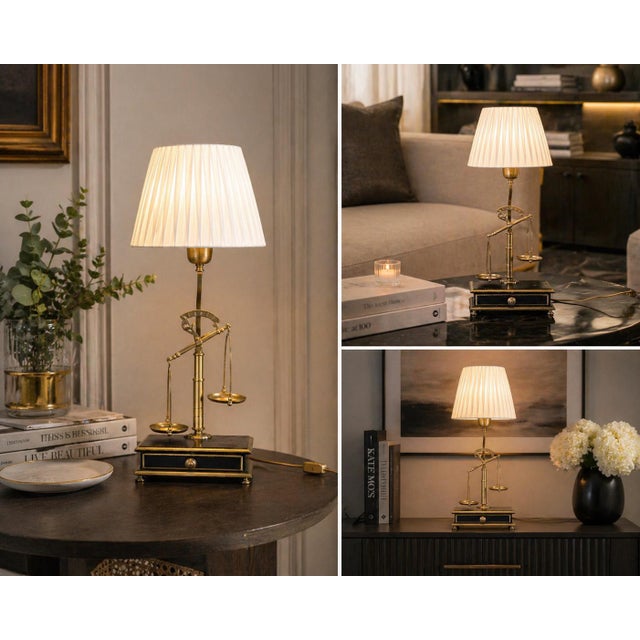 Brass Balance Scale Table Lamp with Drawer Base and Pleated Shade, 1950s For Sale - Image 13 of 14