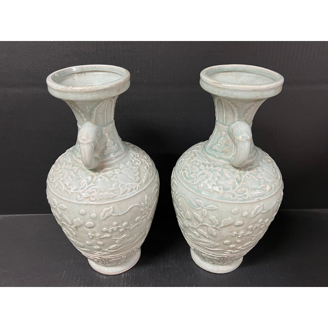 Chinese Pair of Chinese Art Celadon Porcelain Vase Raised Floral Design For Sale - Image 3 of 10