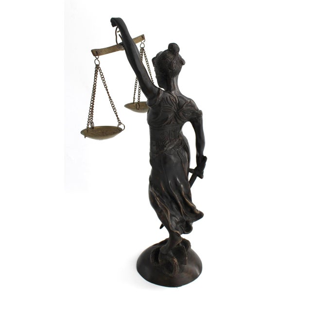 Black Late 20th Century Bronze Lady Justice Statue With Blindfold and Scales, Heavy, 15.25" Tall, Law Office Decor For Sale - Image 8 of 9