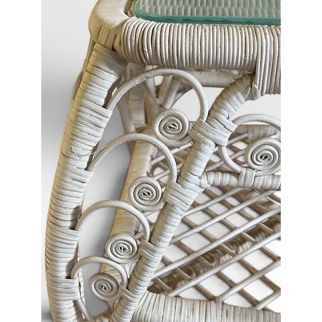 Vintage Boho Chic White Wicker Scrolled Side Tables With Glass Tops - A Pair For Sale - Image 10 of 13