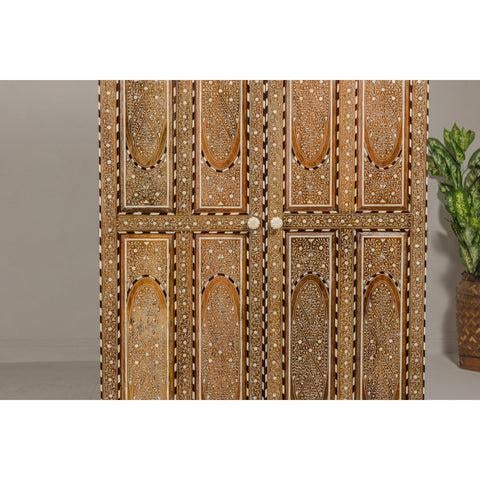 Brown Anglo Indian Style Mango Wood Tall Cabinet with Floral Themed Bone Inlaid Décor For Sale - Image 8 of 12