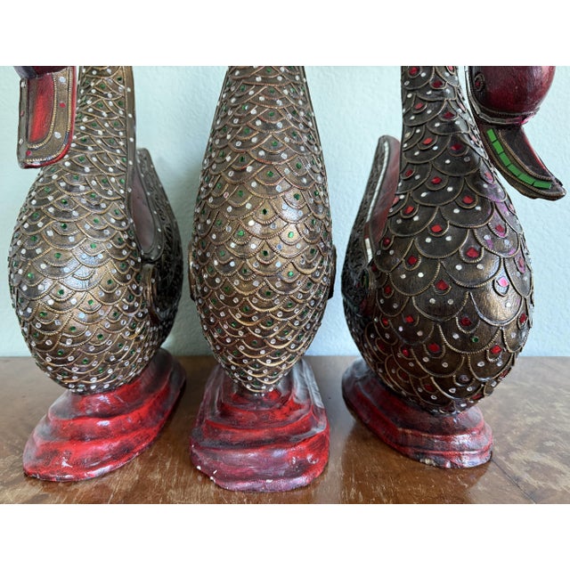 Three Large Asian Wood Carved Duck Statues With Mirror Inlay For Sale - Image 16 of 17