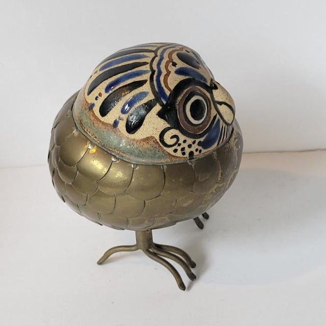Mid Century Mexican Brass and Pottery Owl Sculpture Figurine by