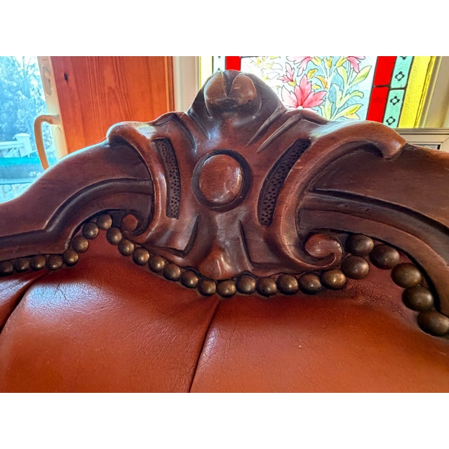 Pair of Victorian Style Tufted Leather Armchairs With Carved Wood Frames, Vintage For Sale - Image 6 of 10
