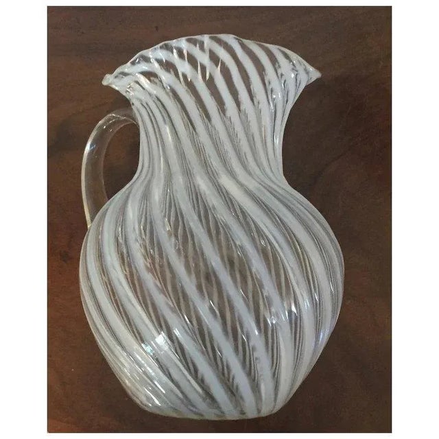 White Antique 19th Century American Opalescent White Swirl Glass Pitcher With Ruffled Rim For Sale - Image 8 of 12