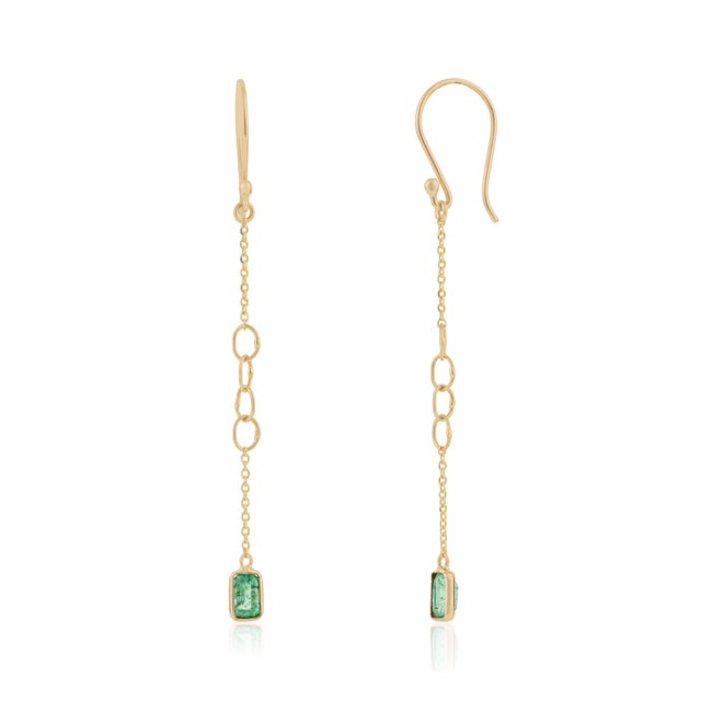 Metal Handcrafted Emerald Drop Chain Earrings in 14k Yellow Gold With Fishhook Closure- A Pair For Sale - Image 7 of 12