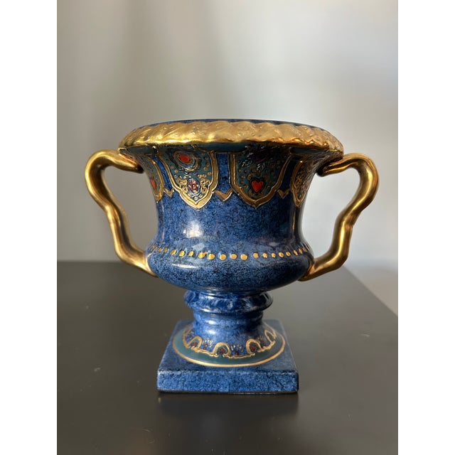Ceramic Vintage Cobalt Blue & Gold Gilded Urn Vase – ArtMark Japan Porcelain, Ornate Handles & Pedestal Base For Sale - Image 7 of 8
