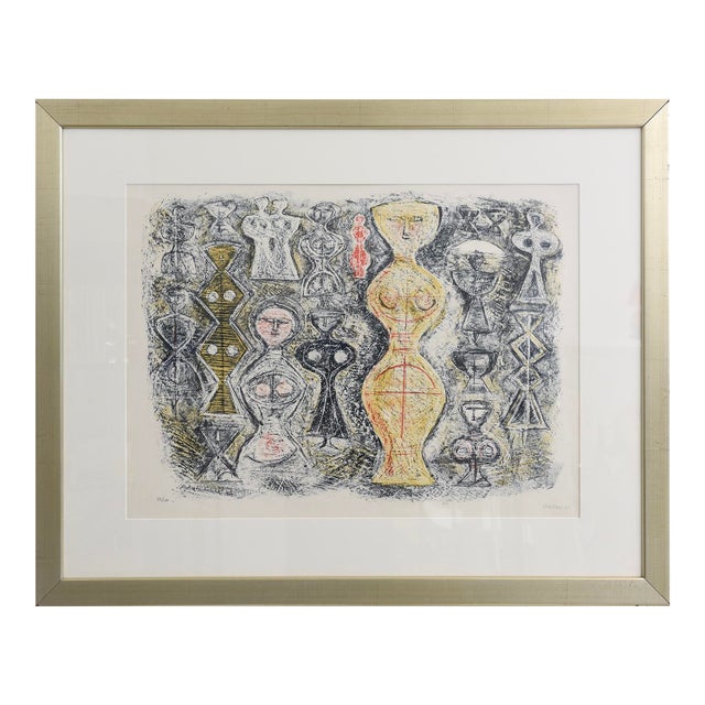 Vintage Italian Massimo Campigli Stone Lithograph Titled Femme Sur Fond Bleu For Sale