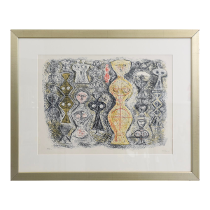 Vintage Italian Massimo Campigli Stone Lithograph Titled Femme Sur Fond Bleu