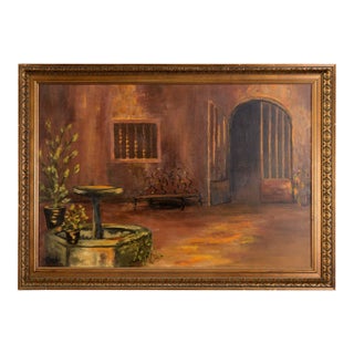 Courtyard With Fountain - Interior Landscape in Oil on Canvas by Muriel Kittock For Sale