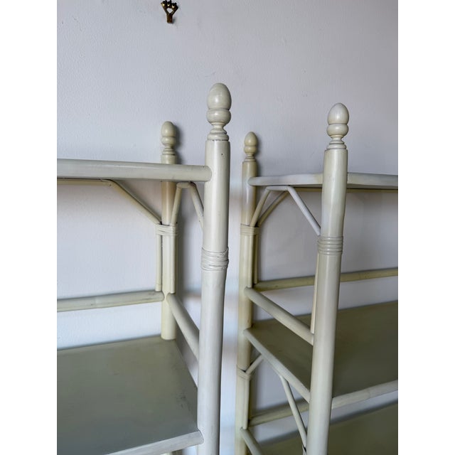 1970s Vintage Coastal Faux Bamboo and Rattan Five-Tier Étagère Shelving Units – A Pair For Sale - Image 5 of 12