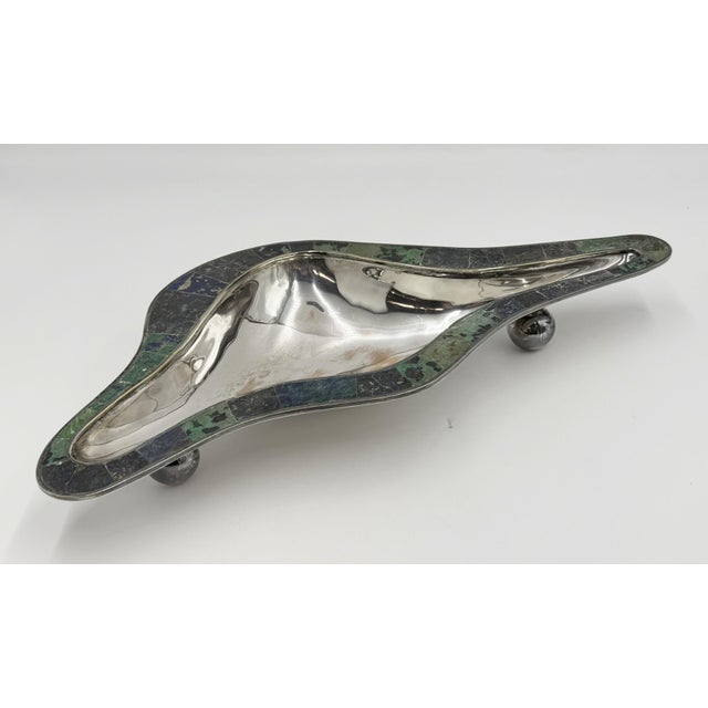 Los Castillo Mid 20th Century Los Castillo Taxco Modernist Silver Plate Malachite & Lapis Centerpiece Bowl For Sale - Image 4 of 18