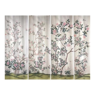 Pink Peony Chinoiserie Mural Hand Painted Wallpaper 36"w X 96" Panel For Sale