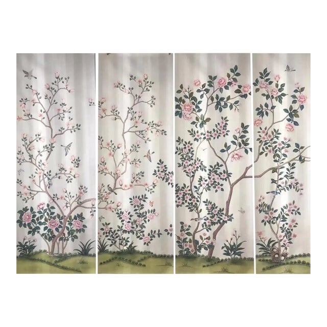Pink Peony Chinoiserie Mural Hand Painted Wallpaper 36"w X 96" Panel For Sale