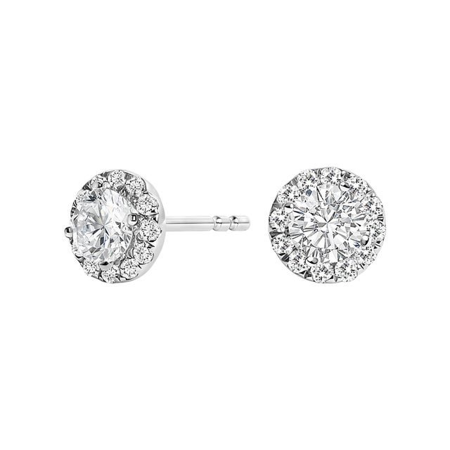 Immerse yourself in the refined elegance of these 14K white gold stud earrings, each featuring a captivating 3/8 carat...