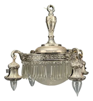 French Victorian, Chandelier, Etched Glass, Silver Plated, 19th Century