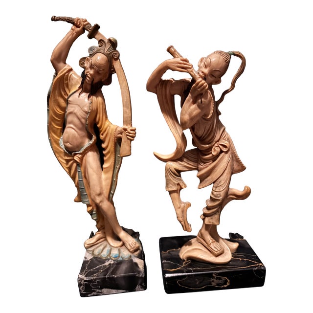 Vintage Italian Fontanini- Asian Warrior and Musician Figurine Set Mid-Century Hand-Painted Sculptures on Marble Bases For Sale