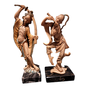 Vintage Italian Fontanini- Asian Warrior and Musician Figurine Set Mid-Century Hand-Painted Sculptures on Marble Bases