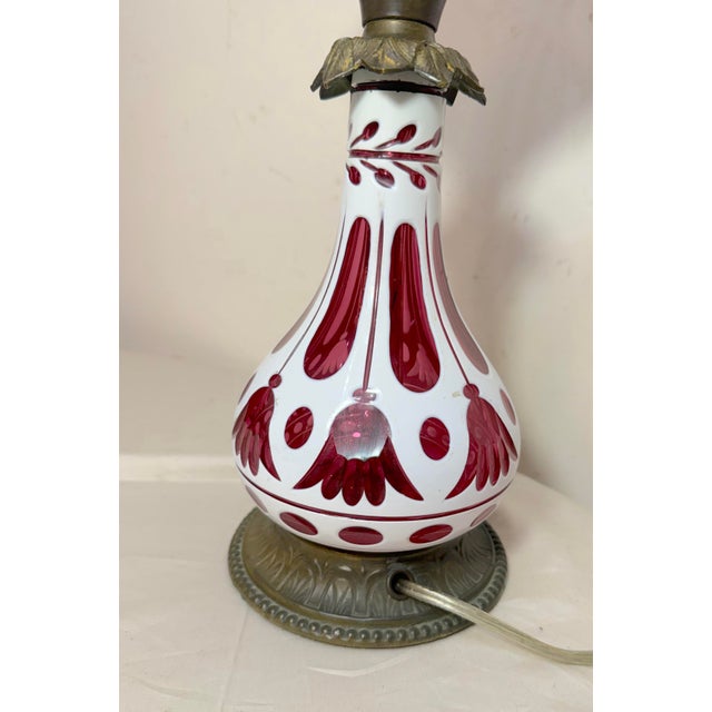 Antique 1800's Cut to Clear Cranberry Glass Stourbridge Bronze Oil Table Lamp For Sale - Image 11 of 14