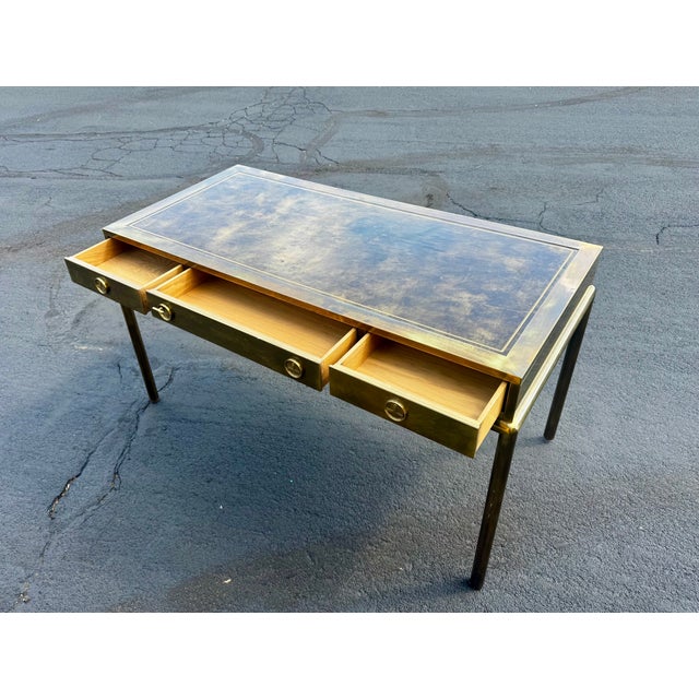 Metal Vintage Mastercraft Brass and Leather Desk For Sale - Image 7 of 9